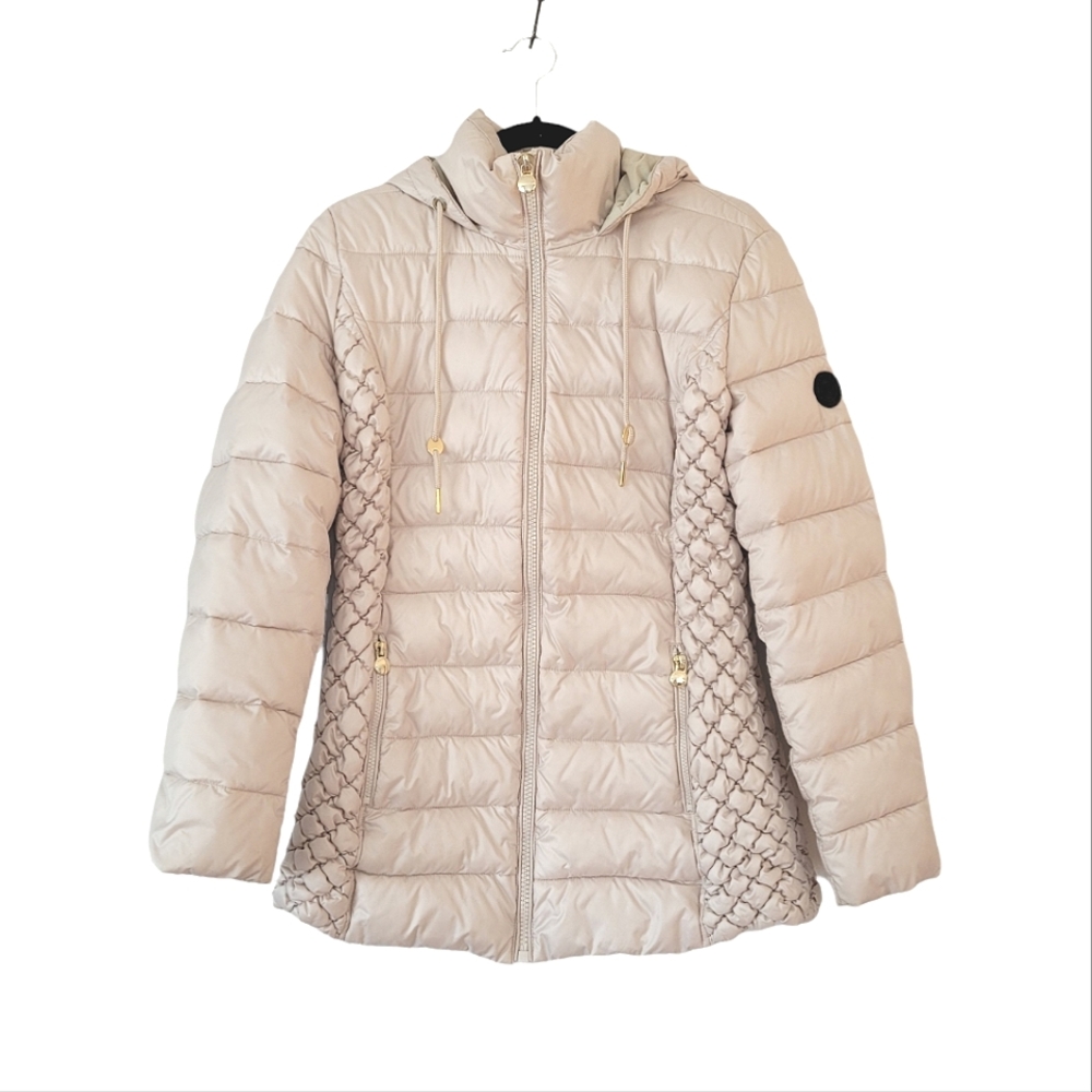 LAUNDRY BY SHELLI SEGAL Cream Beige Quilted Puffer Long Hooded Jacket